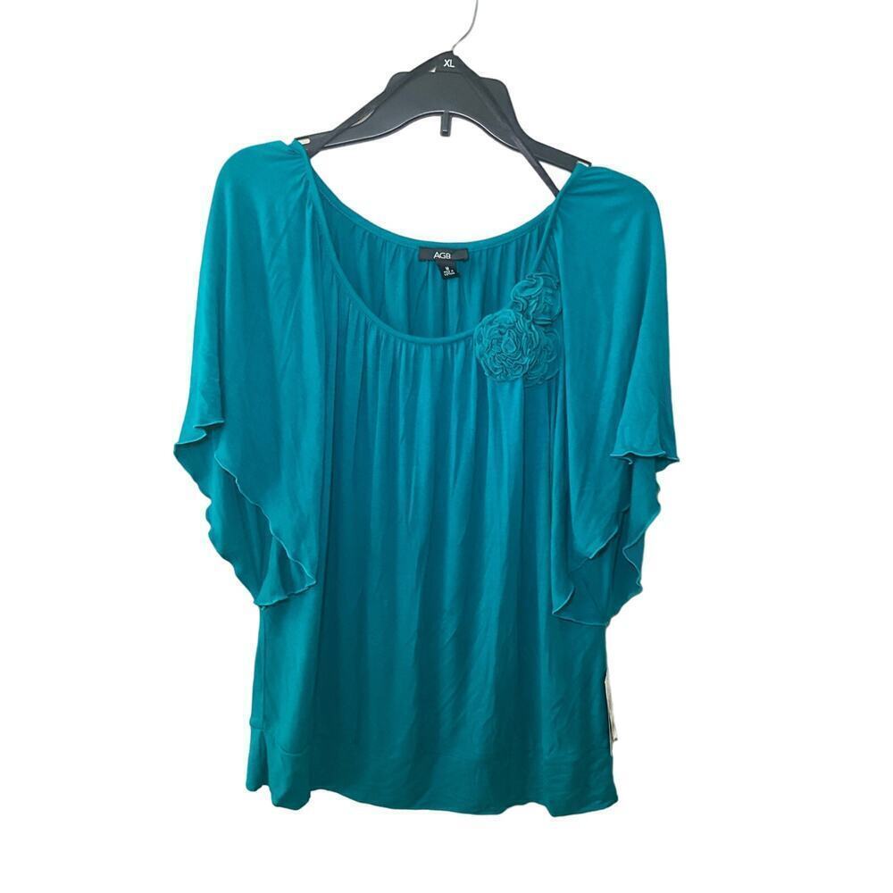 AGB Blouse Top Women's M Teal‎ Flower Ruffle Sleeve Scoop Neck Pleated Stretch